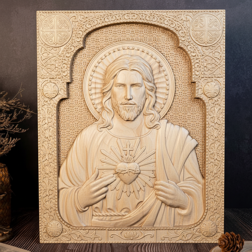 The Sacred Heart Icon in pale beechwood
