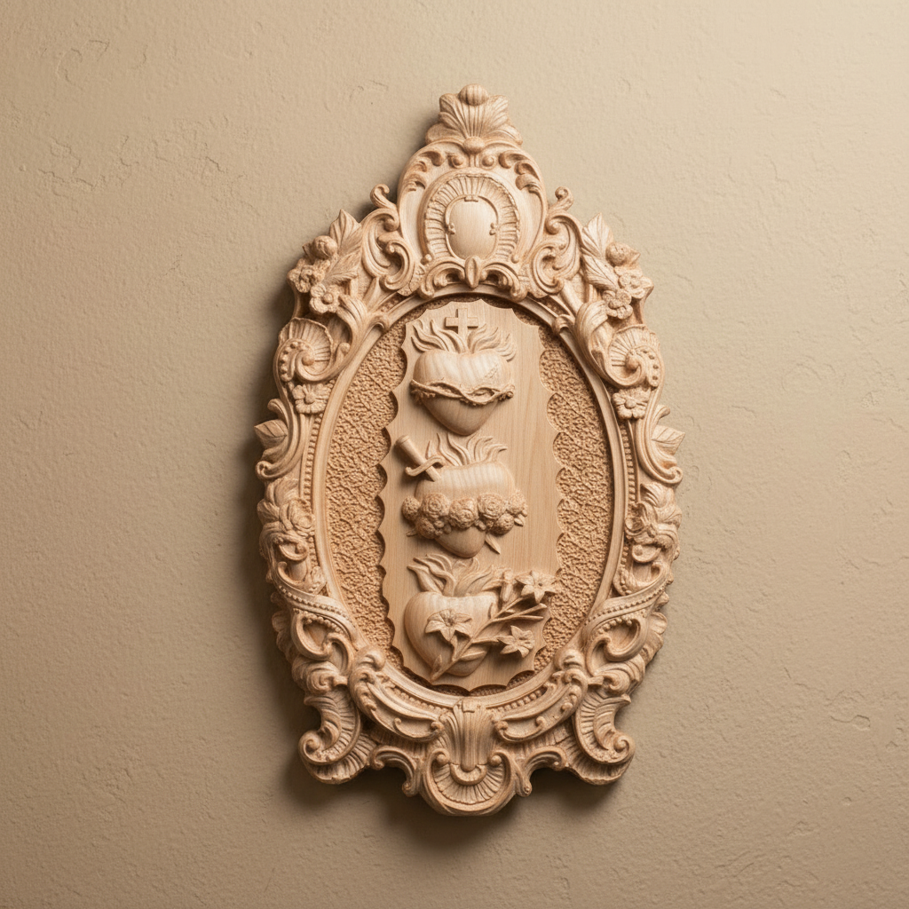 The Three Sacred Hearts in pale beechwood