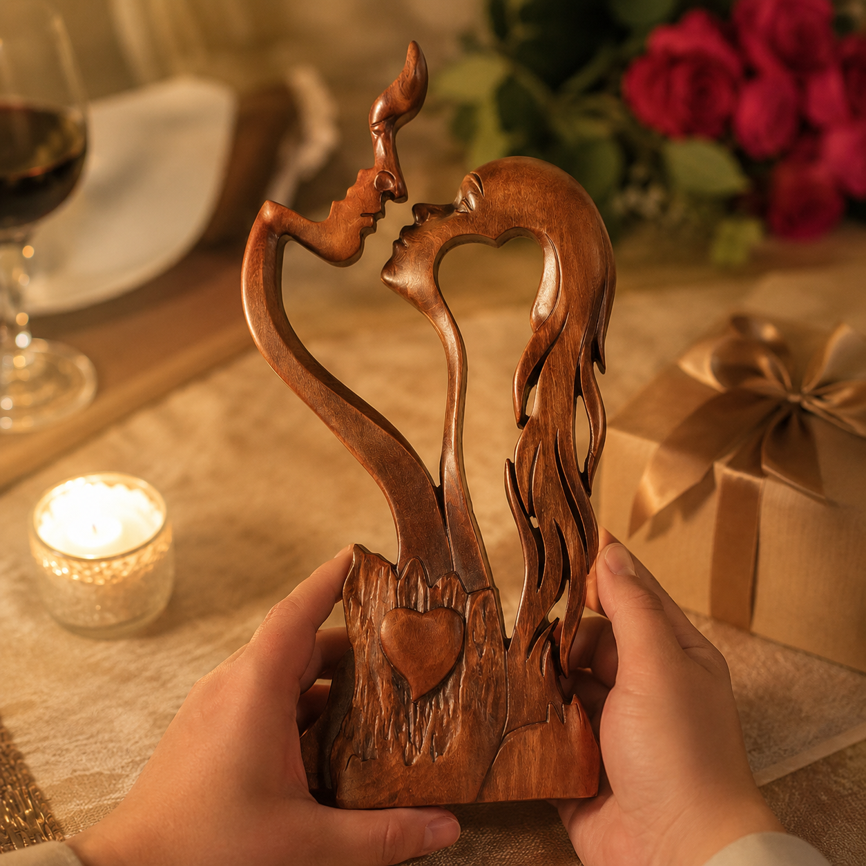 Love Eternal in the natural finish, held above a candlelit table