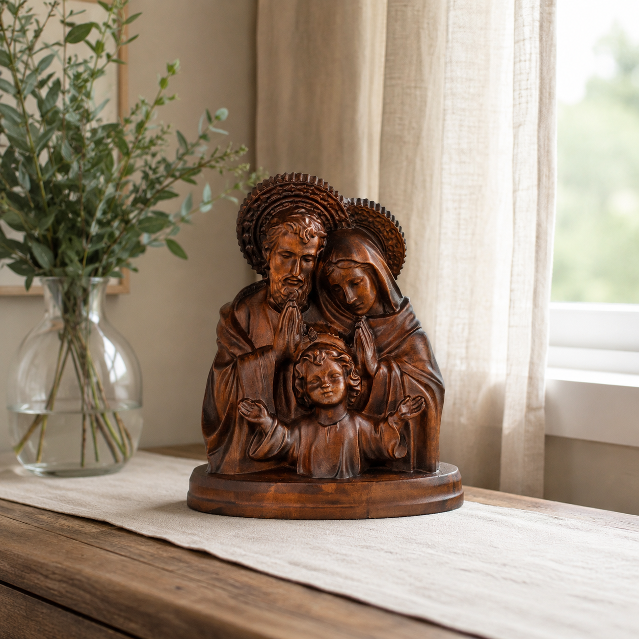 Hand-carved Holy Family wooden sculpture, a Catholic wedding gift, alternate view