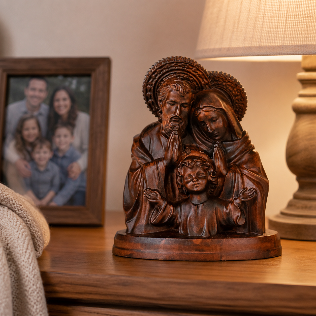 Detail of the hand-carved Holy Family statue showing Mary and Joseph