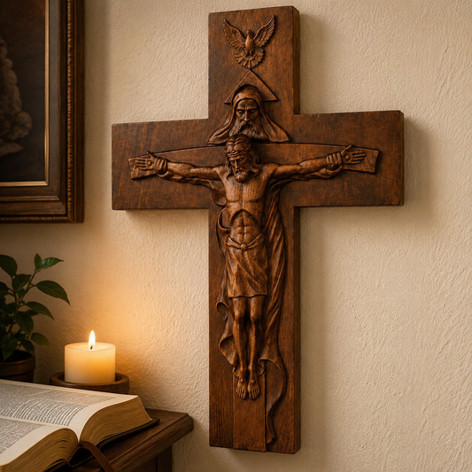 Holy Trinity crucifix carved in beechwood hanging on a warm plaster wall beside a candle