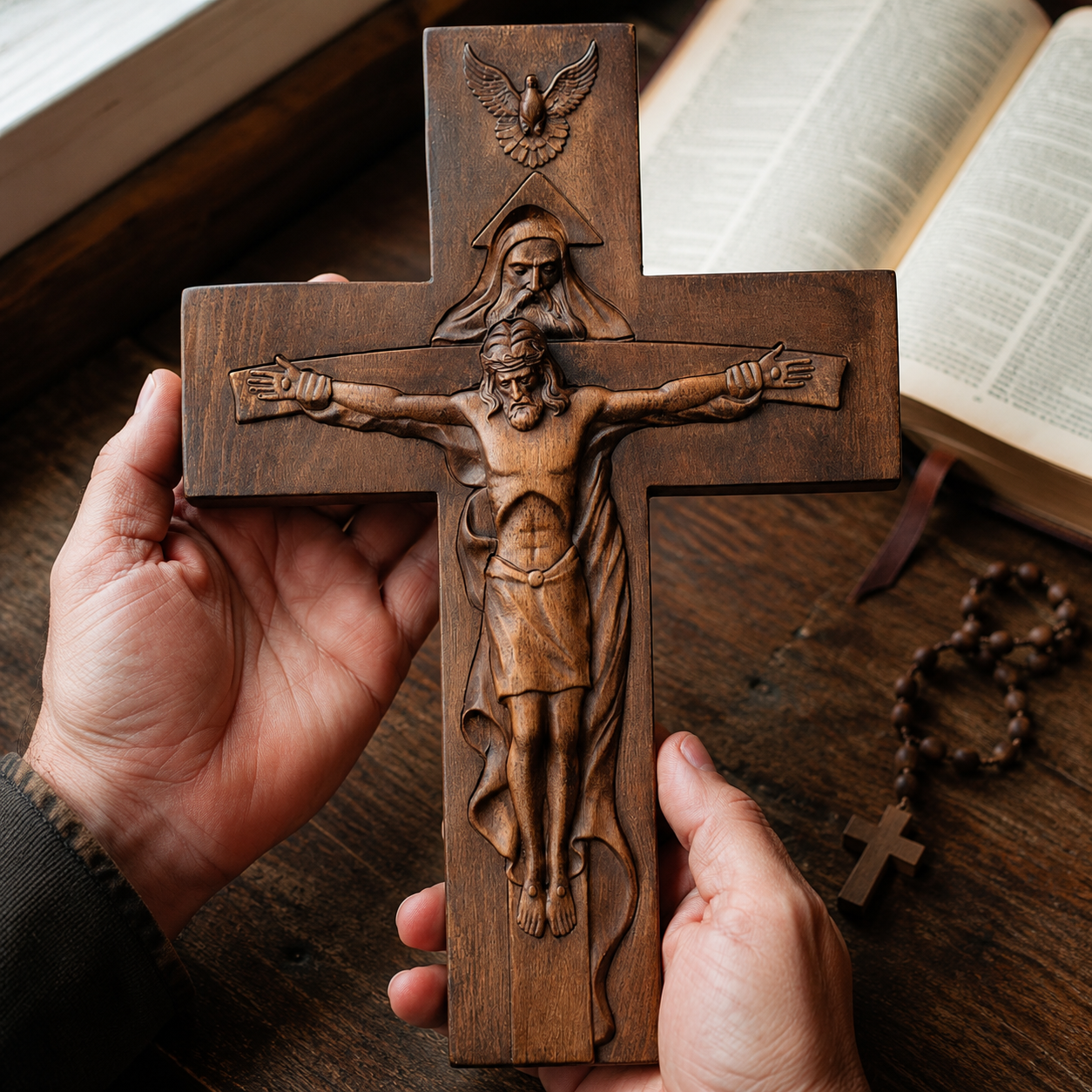 Holy Trinity crucifix held in two hands — the Father, the Son, and the dove of the Spirit in one carving
