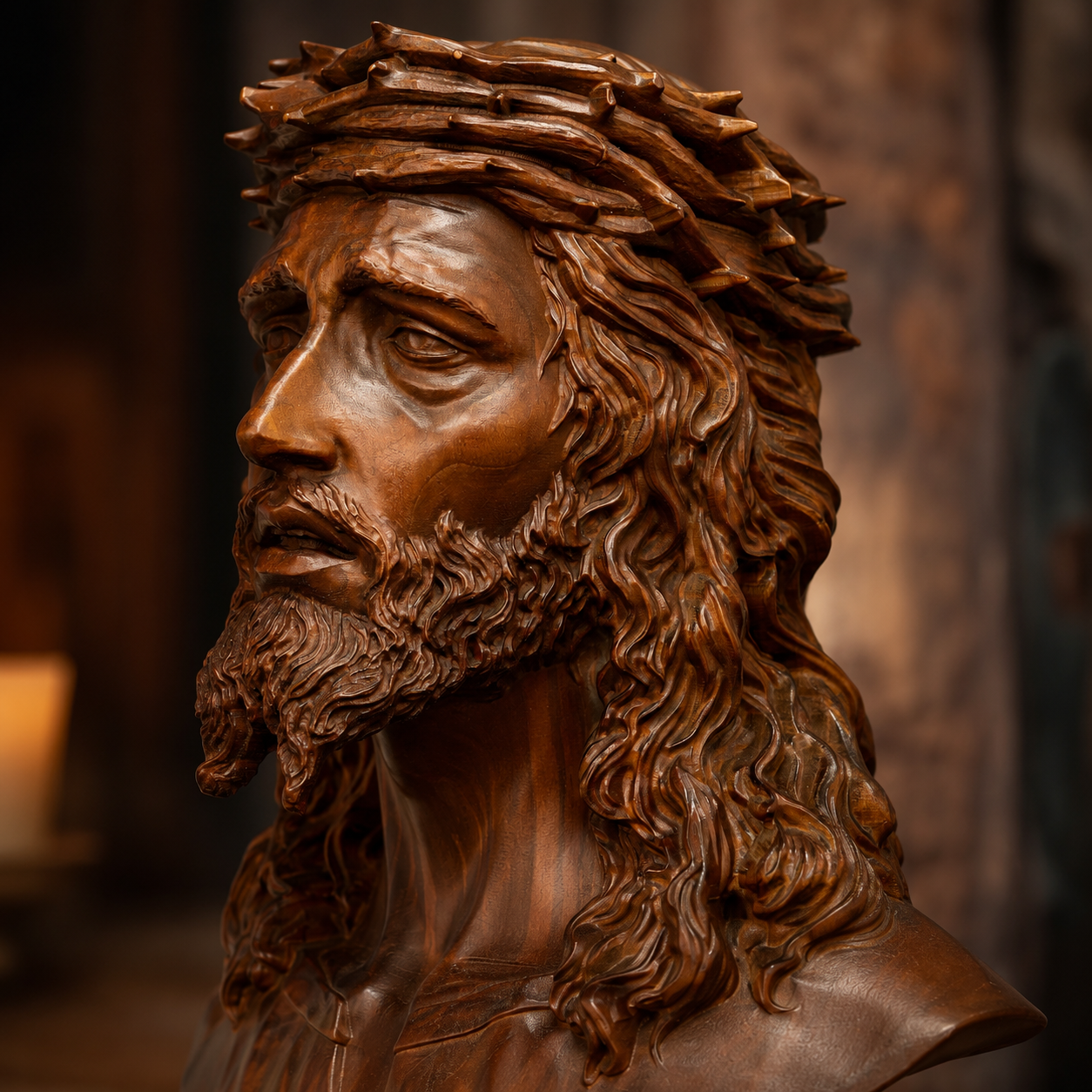Macro detail of a carved Jesus bust in candlelight showing wood grain and hand-applied finish