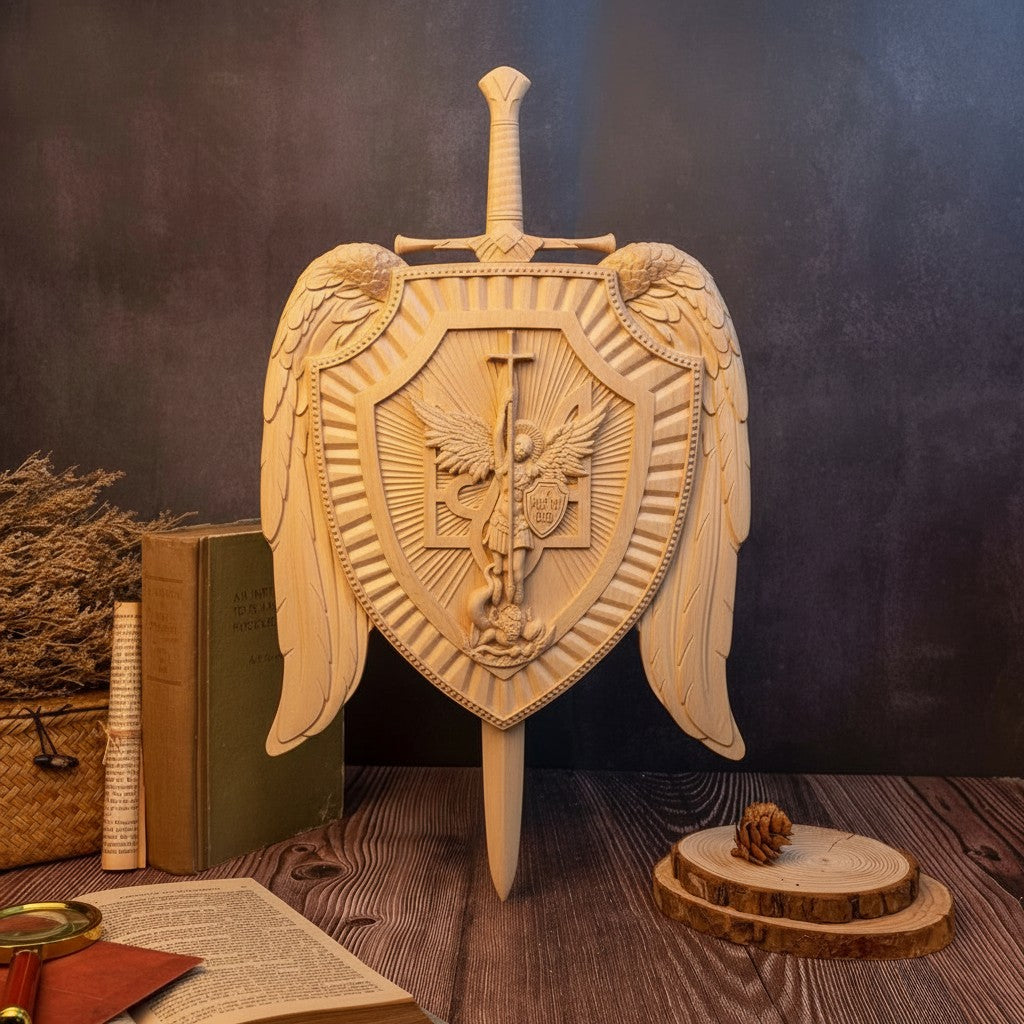 The Sword & Shield of St. Michael in pale beechwood