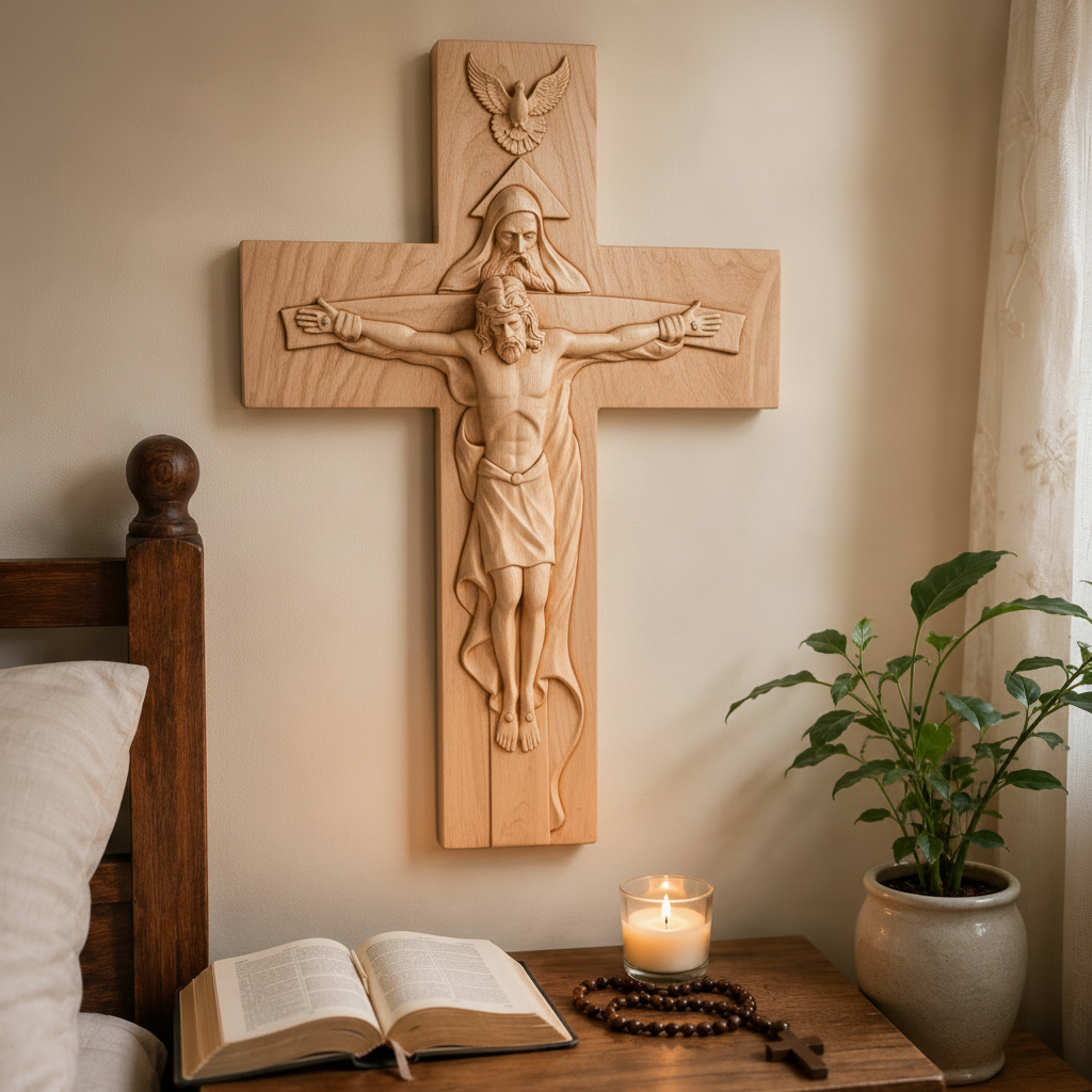 The Holy Trinity Crucifix in pale beechwood