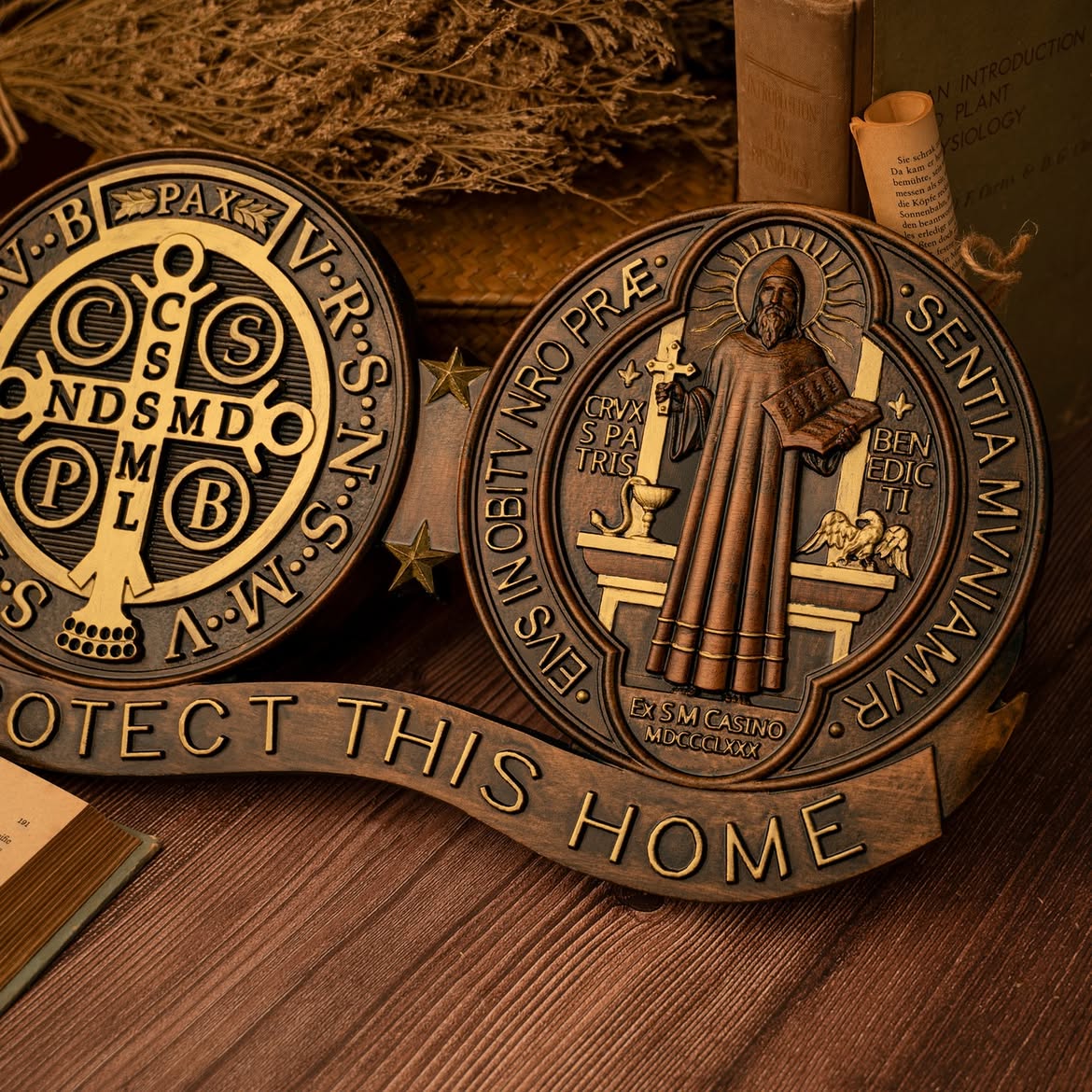 St. Benedict medal wall carving showing both faces of the medal above a Protect This Home banner