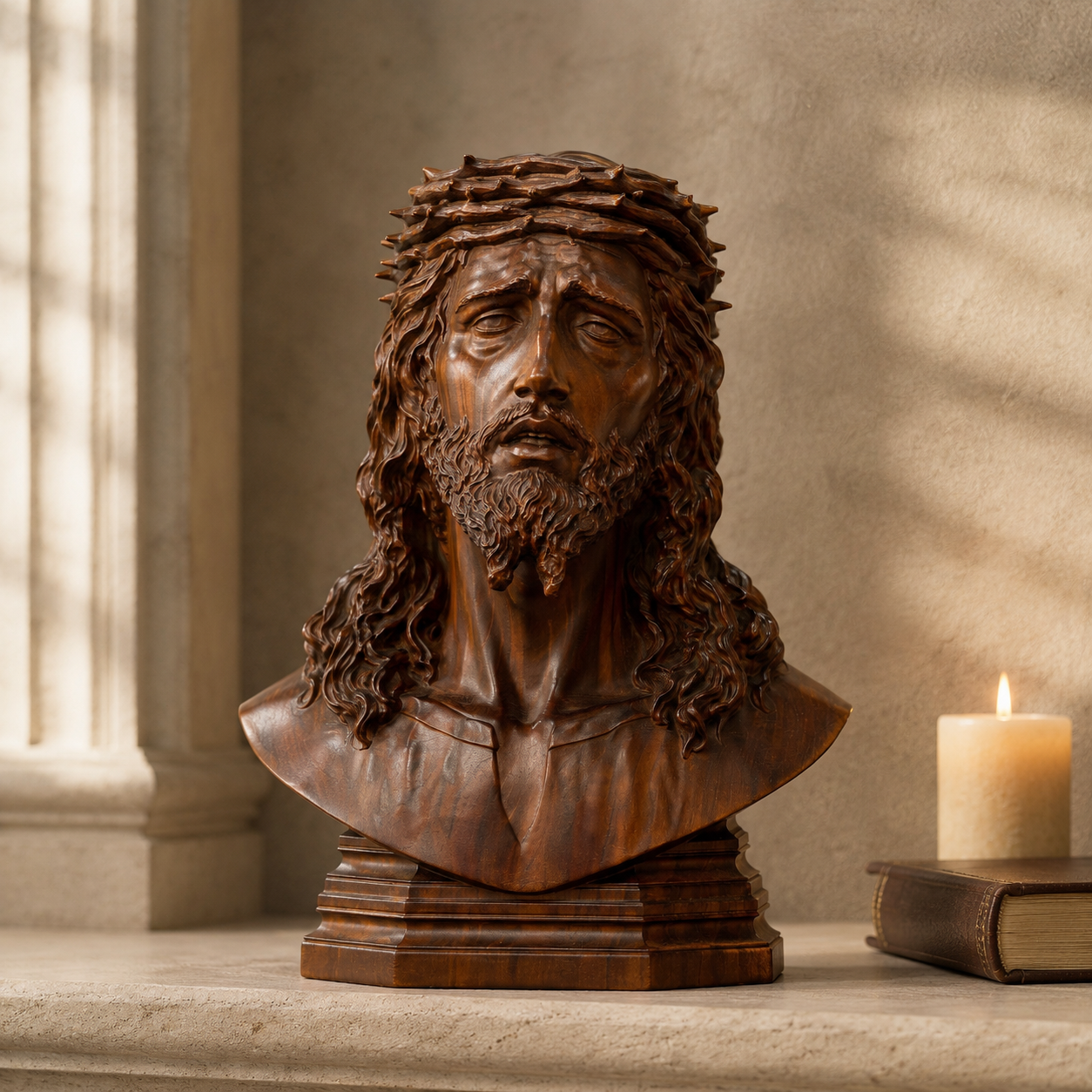 Hand-carved boxwood Jesus bust — detail of carved hair and beard