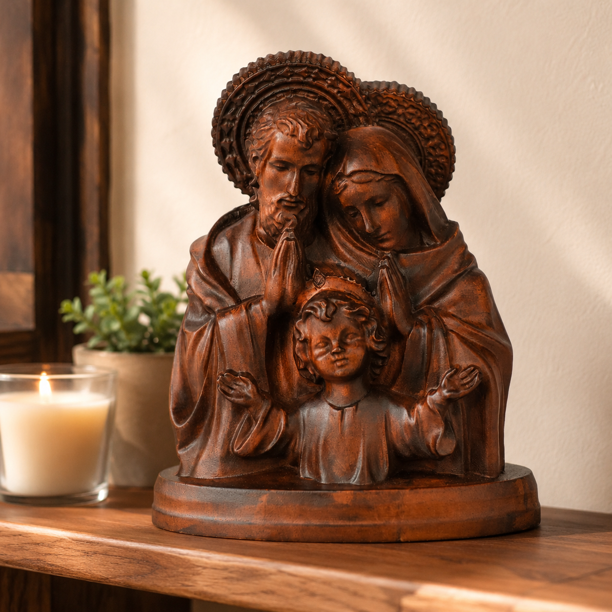 Hand-carved Holy Family sculpture of Jesus, Mary and Joseph with carved halos