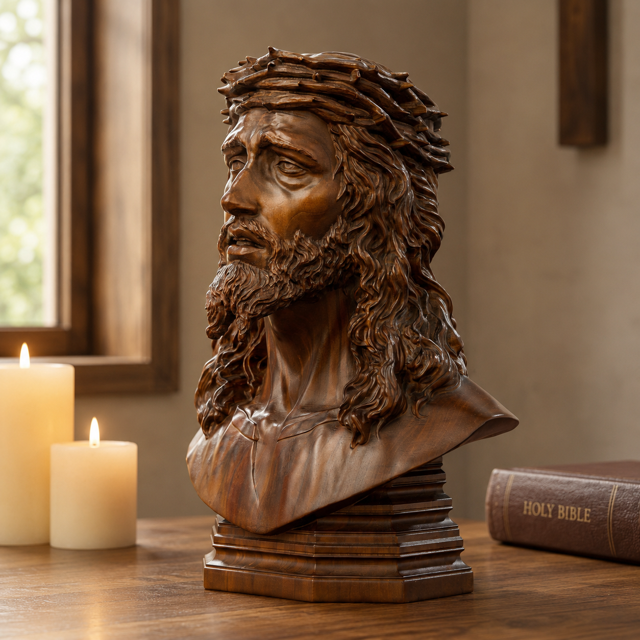 Carved boxwood Jesus bust in three-quarter profile beside candles and a window