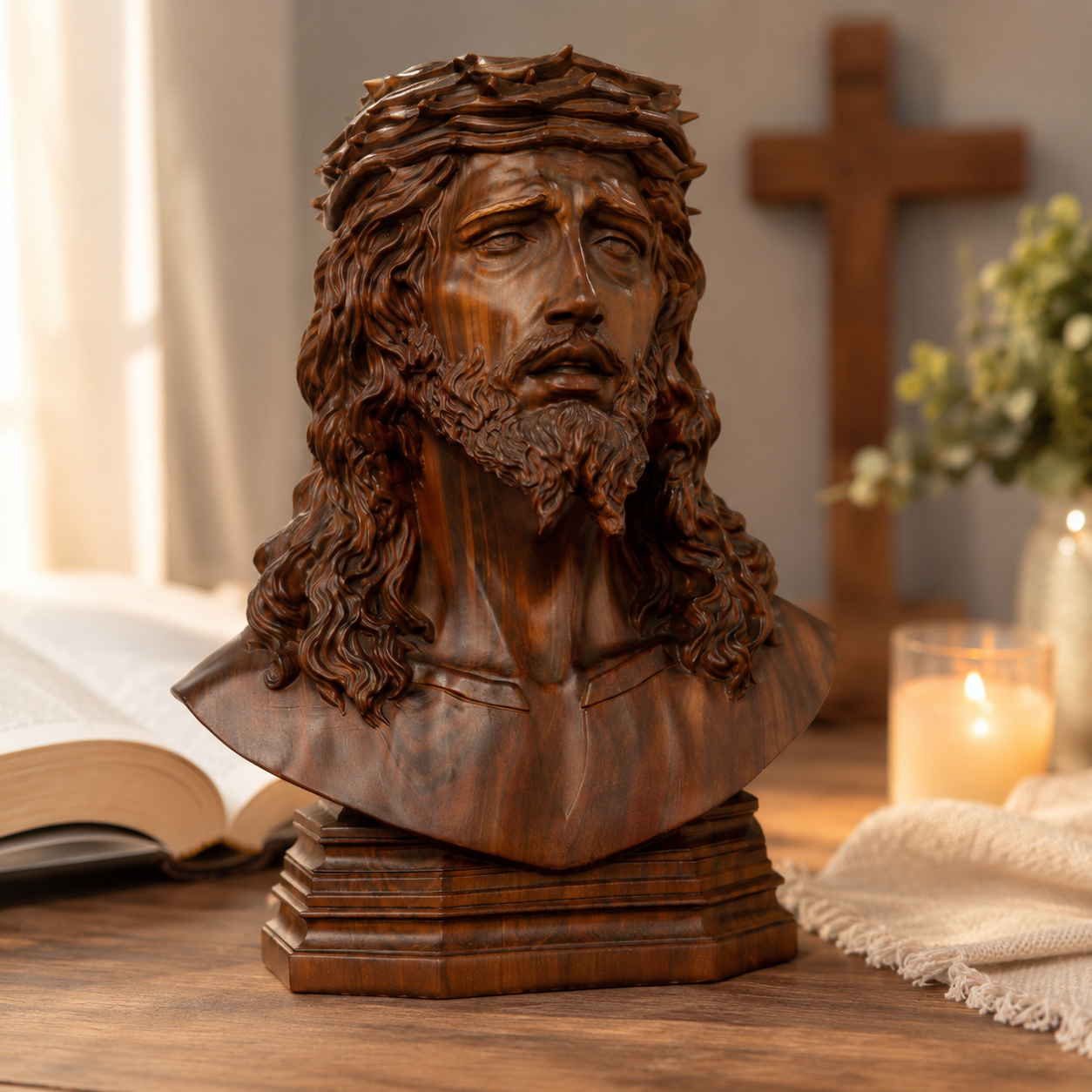 Hand-carved boxwood bust of Jesus wearing the crown of thorns, front view on a wooden table