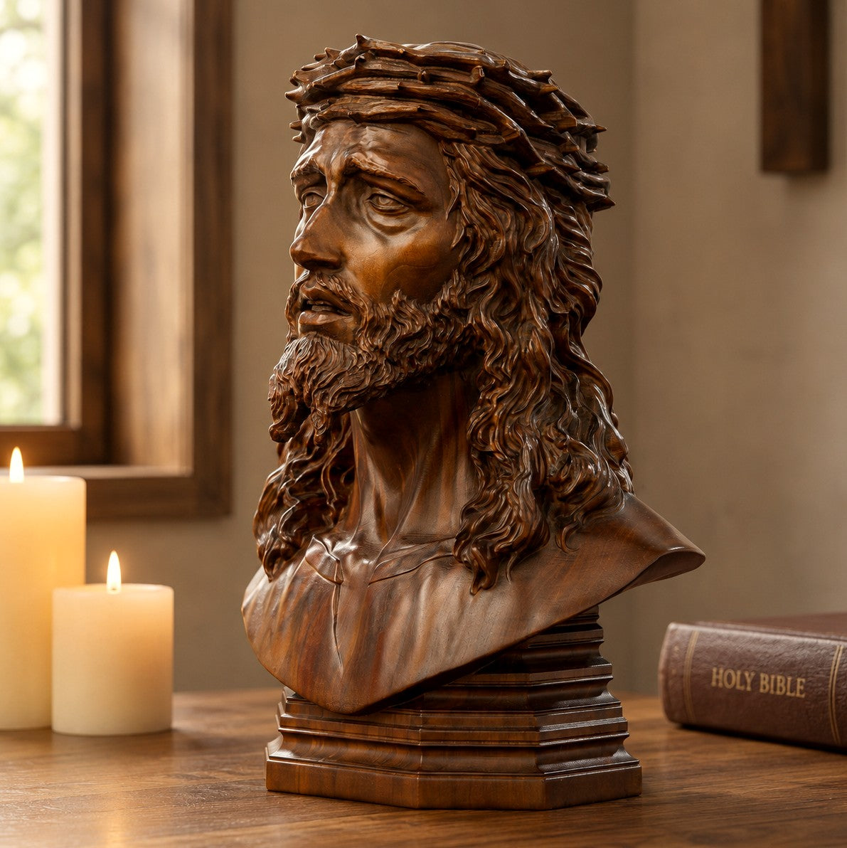 Jesus crown of thorns bust in three-quarter profile beside candles and a window