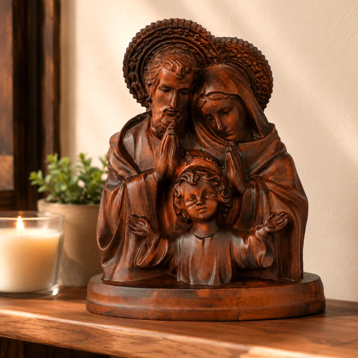 Carved Holy Family sculpture of Jesus, Mary and Joseph with carved halos