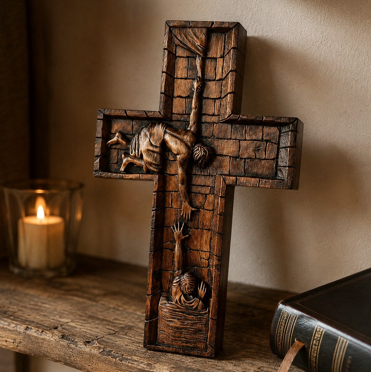 Carved beechwood Savior cross on a wooden shelf beside a candle — Christ reaching down