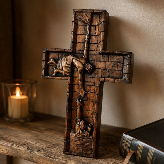 Carved beechwood Savior cross on a wooden shelf beside a candle — Christ reaching down