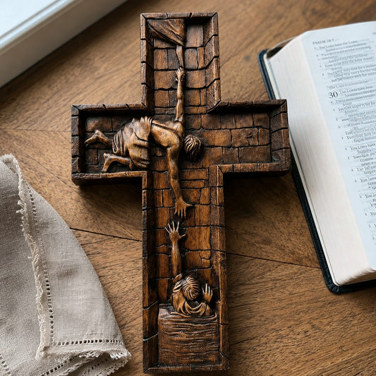 Detail of the Savior cross relief carved in European beechwood