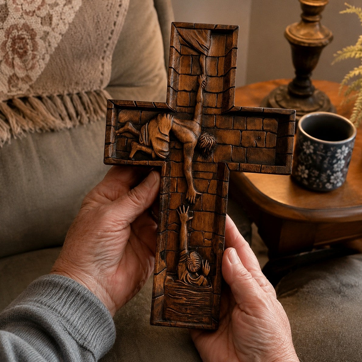 Wooden Savior cross wall crucifix in warm light