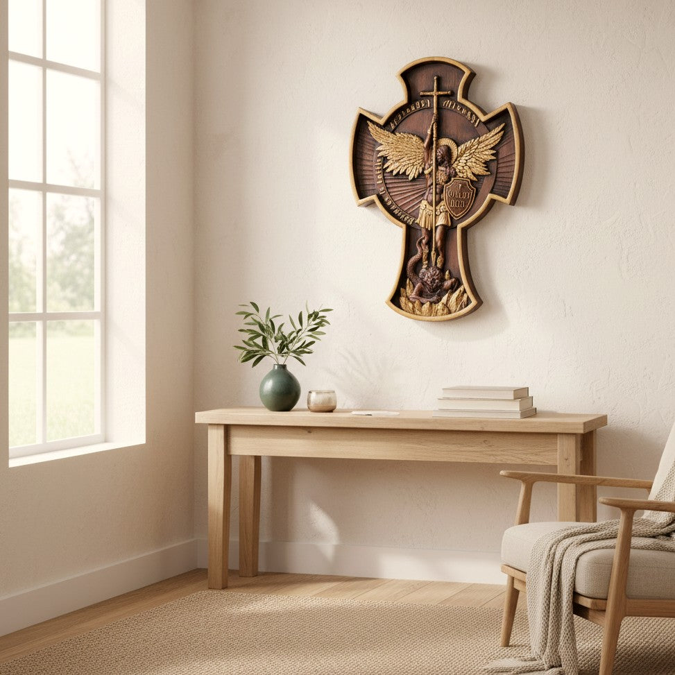 Archangel Michael carved wall plaque hanging above a console table