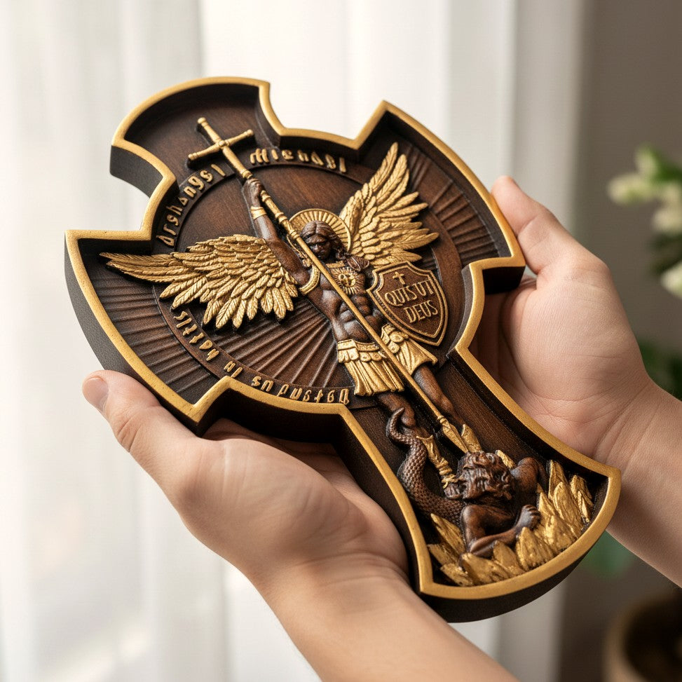 Archangel Michael carving with hand-painted gold wings held in two hands
