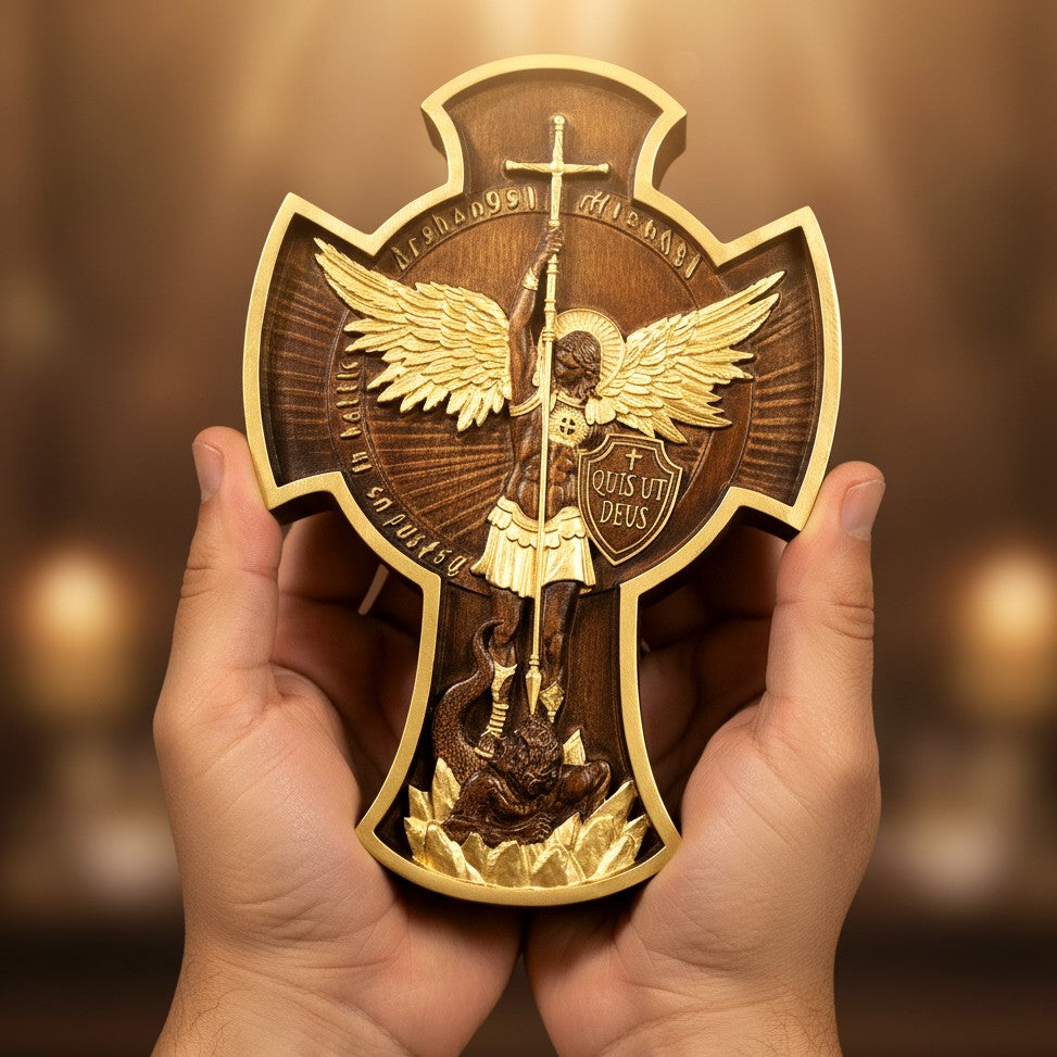 St. Michael the Archangel wood carving with gold detail, warm light