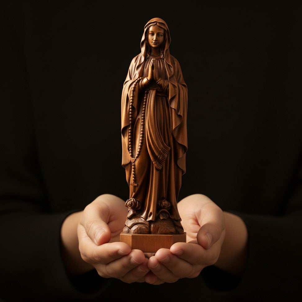 Our Lady of Lourdes carving held in two cupped hands against a dark background