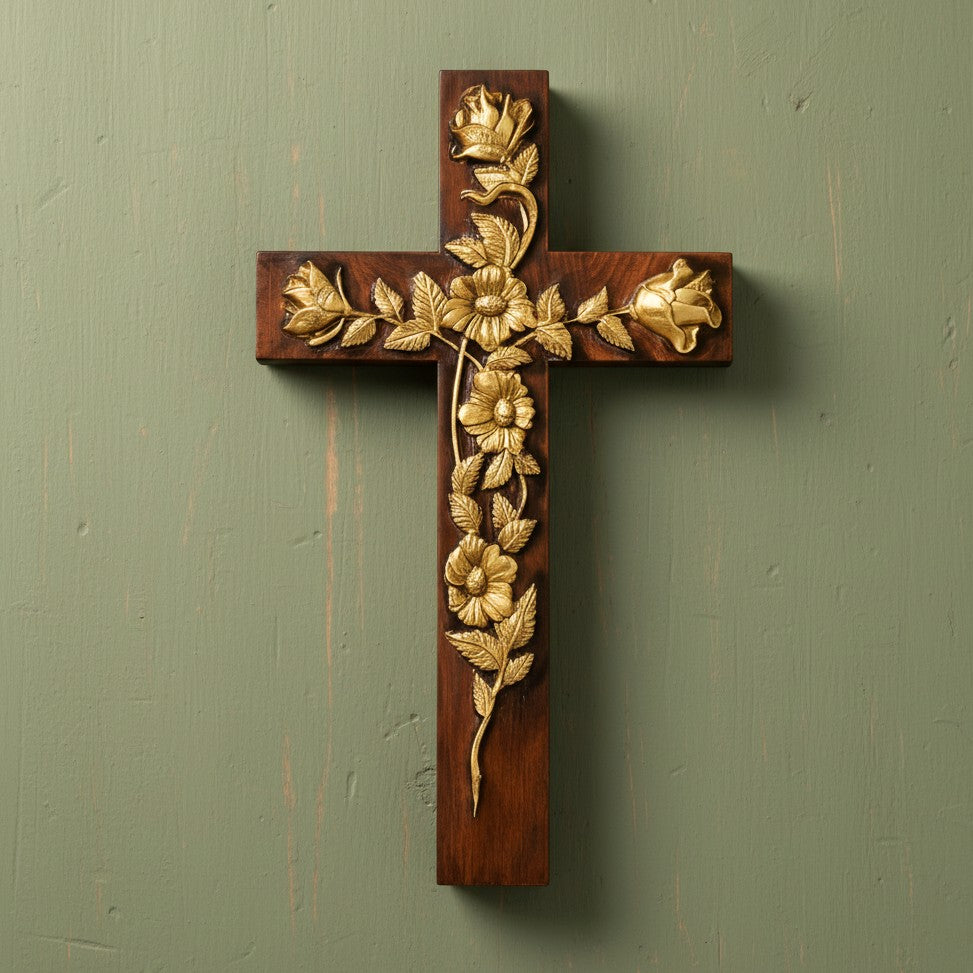 Carved rose cross in the gold-painted finish hanging on a sage green wall