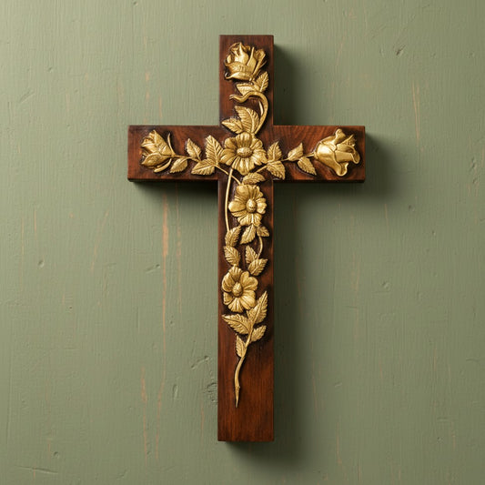 Carved rose cross in the gold-painted finish hanging on a sage green wall