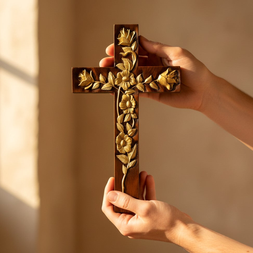 Gold-painted rose cross held in two hands in warm window light