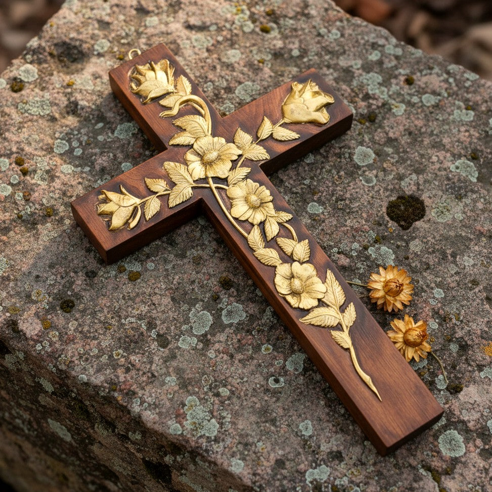 Gold-painted rose cross resting on weathered stone with dried flowers