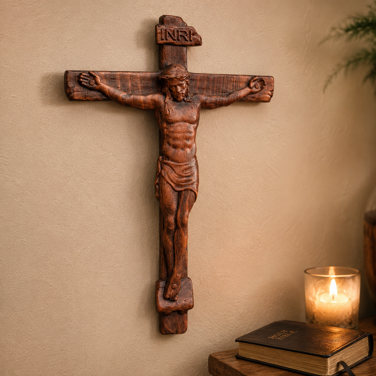 Solid wood wall crucifix beside a lit candle and a small plant on a warm ivory wall