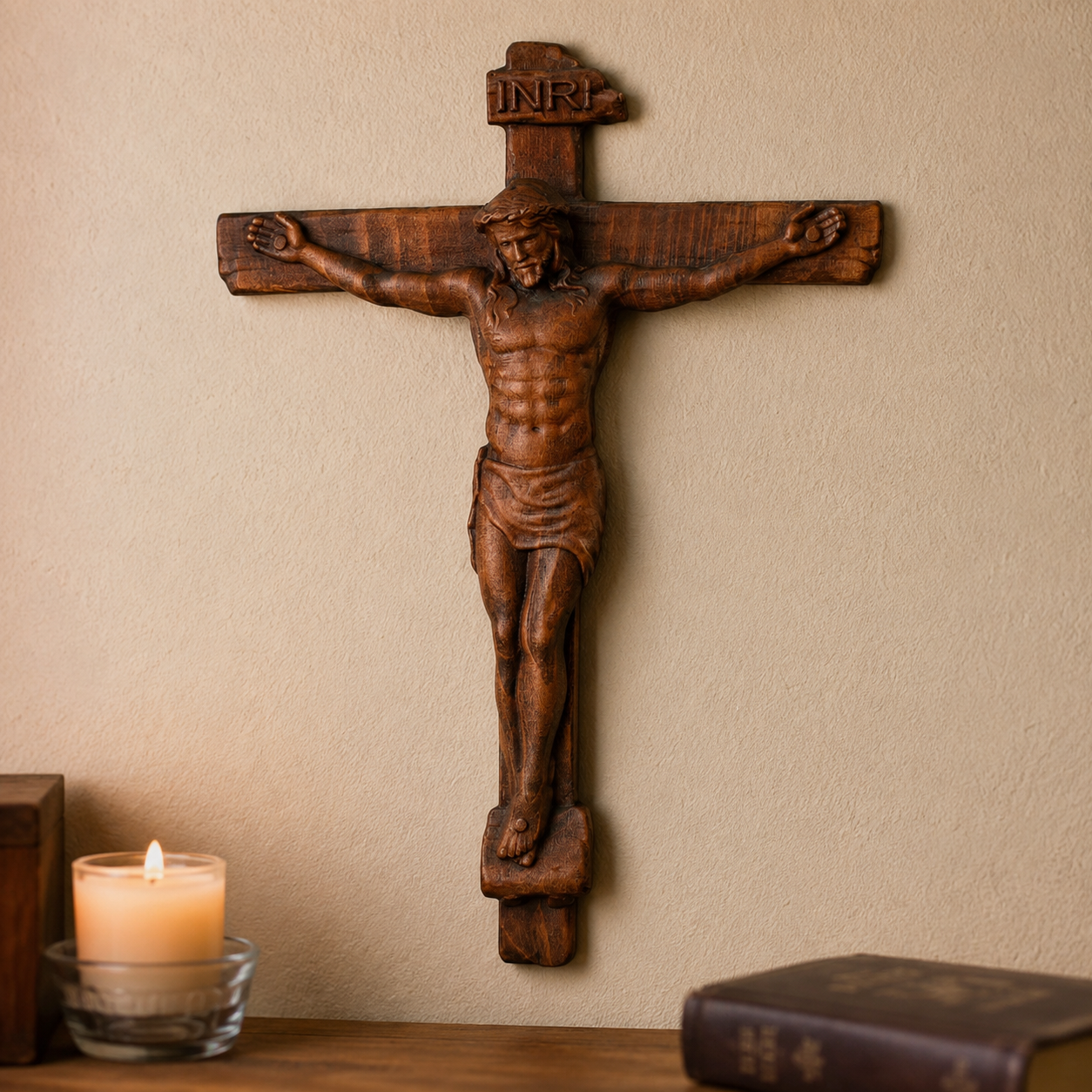 Carved crucifix on the wall above a candle and old books
