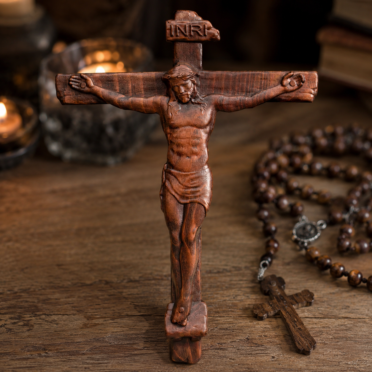 Crucifix standing against the wall beside a wooden rosary and candles