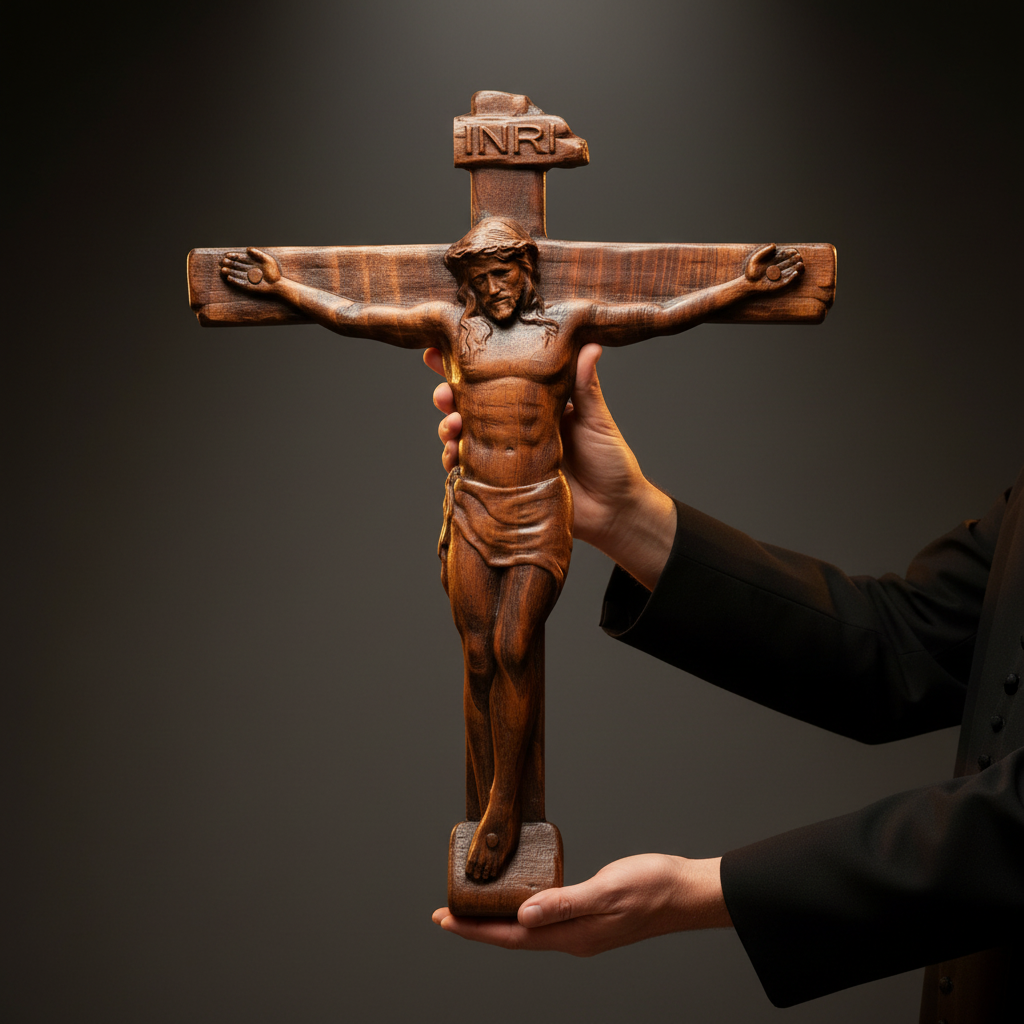 The carved corpus of the crucifix held up against a dark background