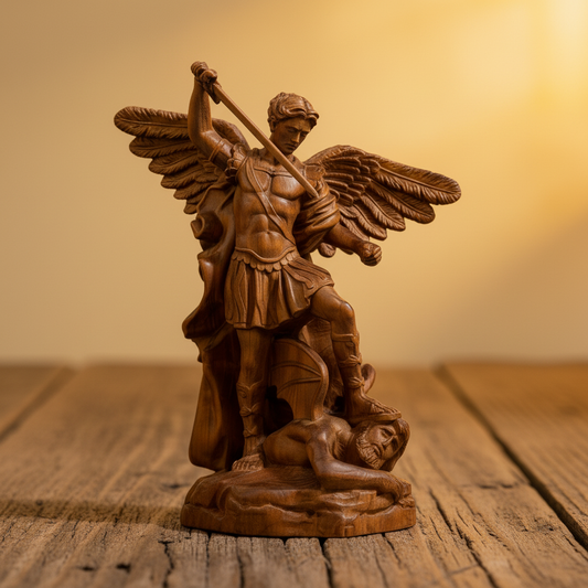Boxwood Archangel Michael statue on a rustic wooden table in warm light