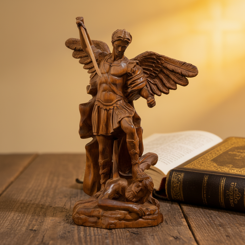 Archangel Michael boxwood statue on a desk beside a black book