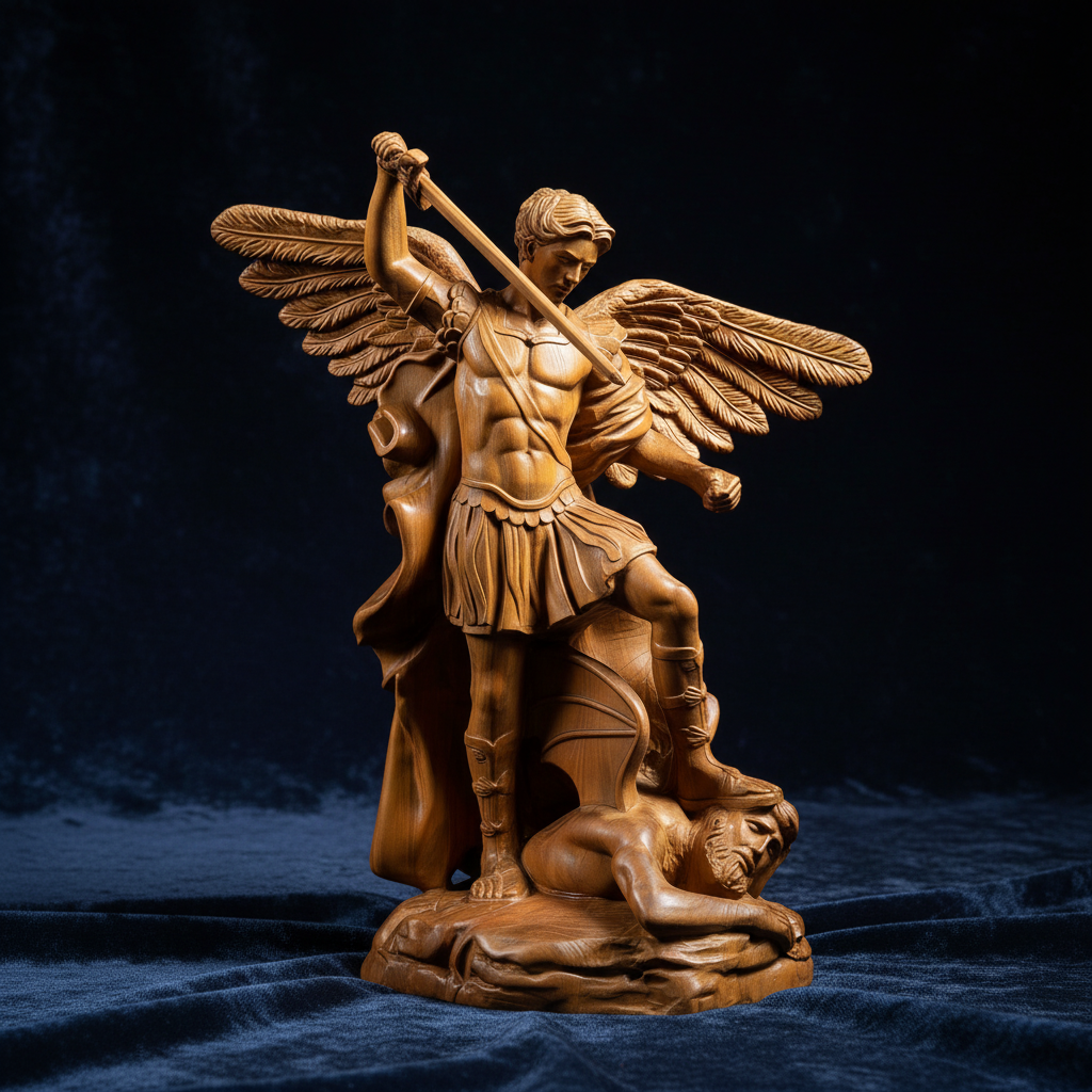 Boxwood Michael statue against deep blue velvet, studio light