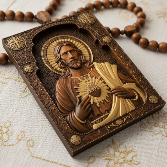 Sacred Heart icon lying on embroidered linen beside a wooden rosary