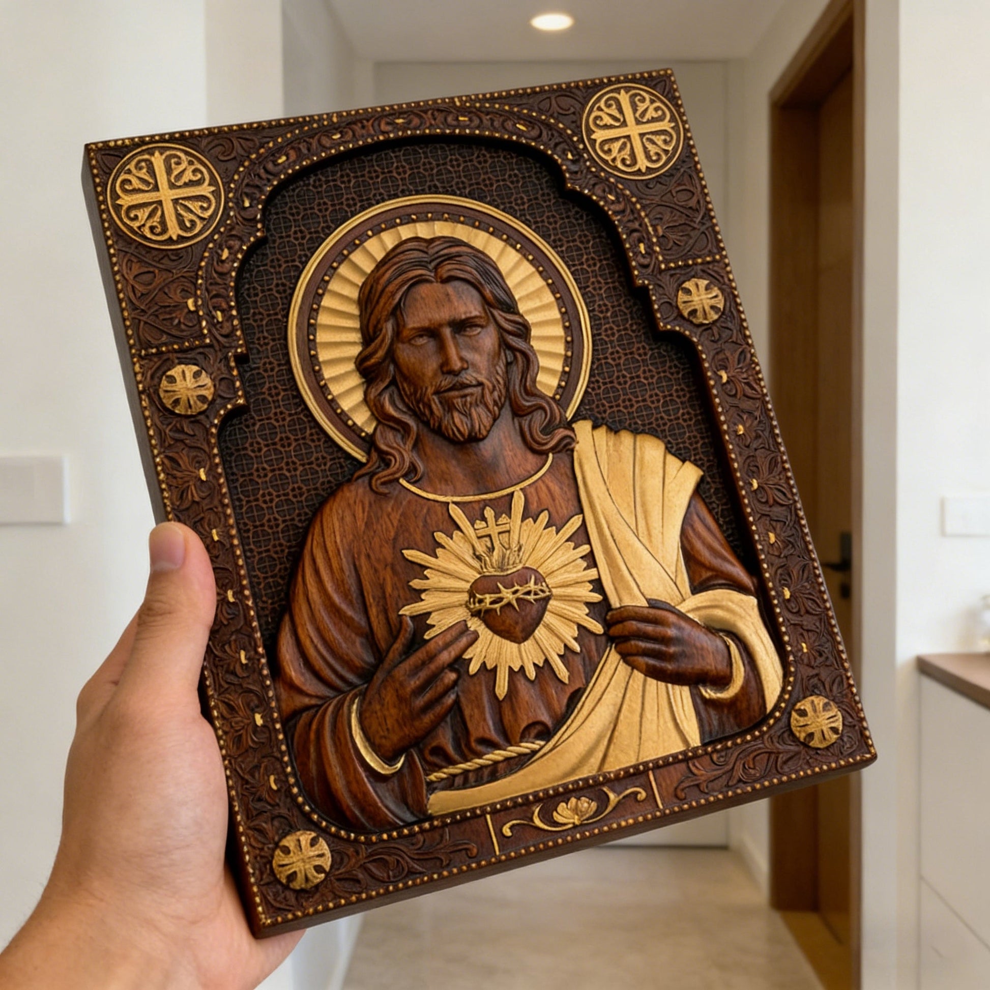 Sacred Heart icon held in two hands