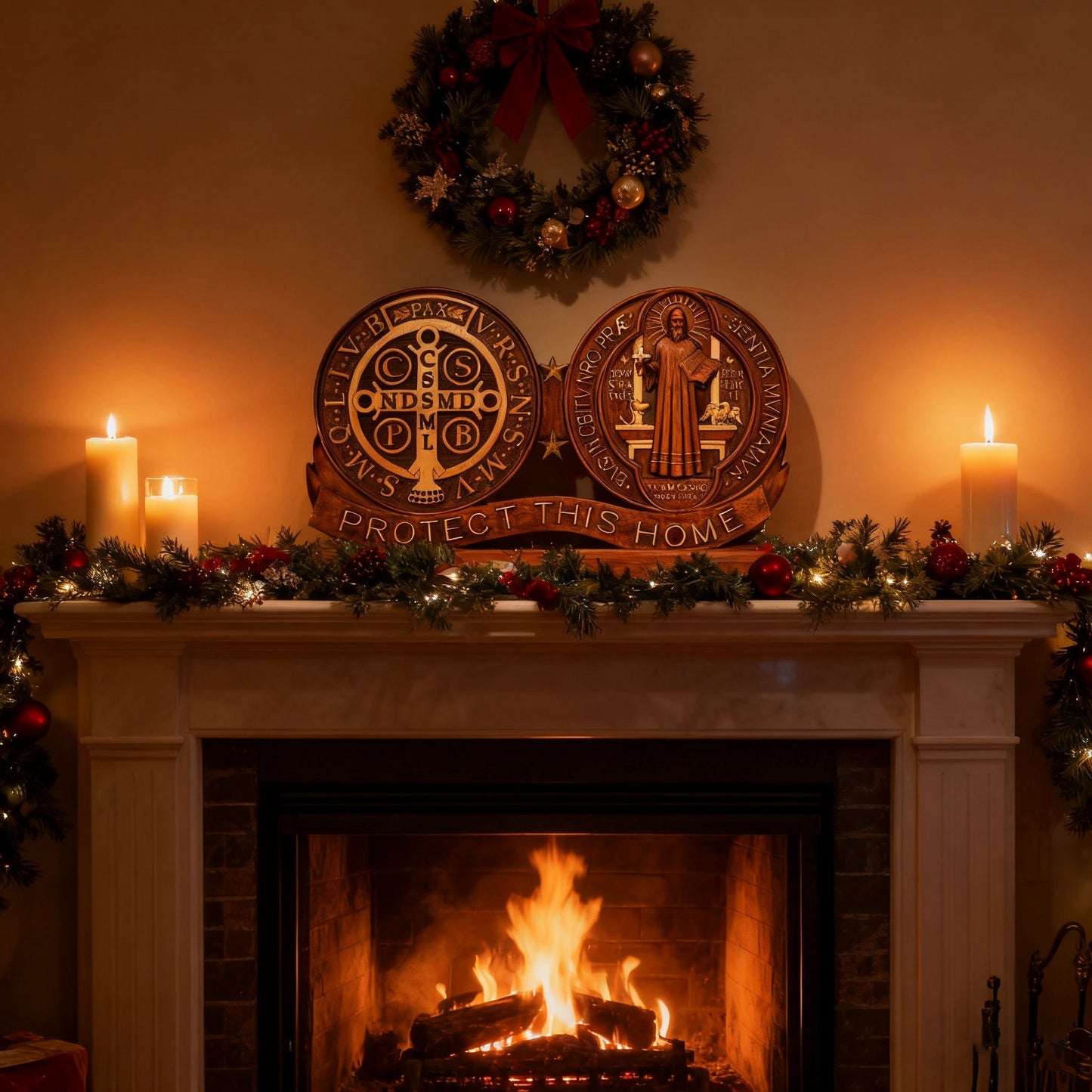 The St. Benedict medal displayed on a mantel with candles