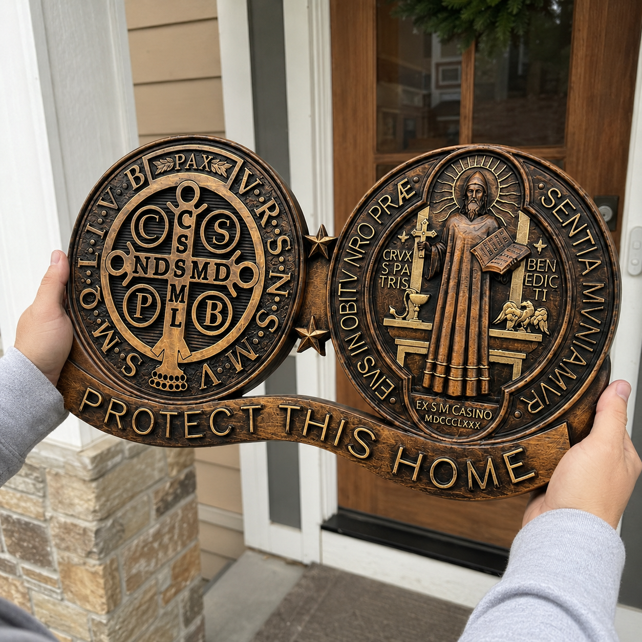 The two-medal St. Benedict carving held up at the front door