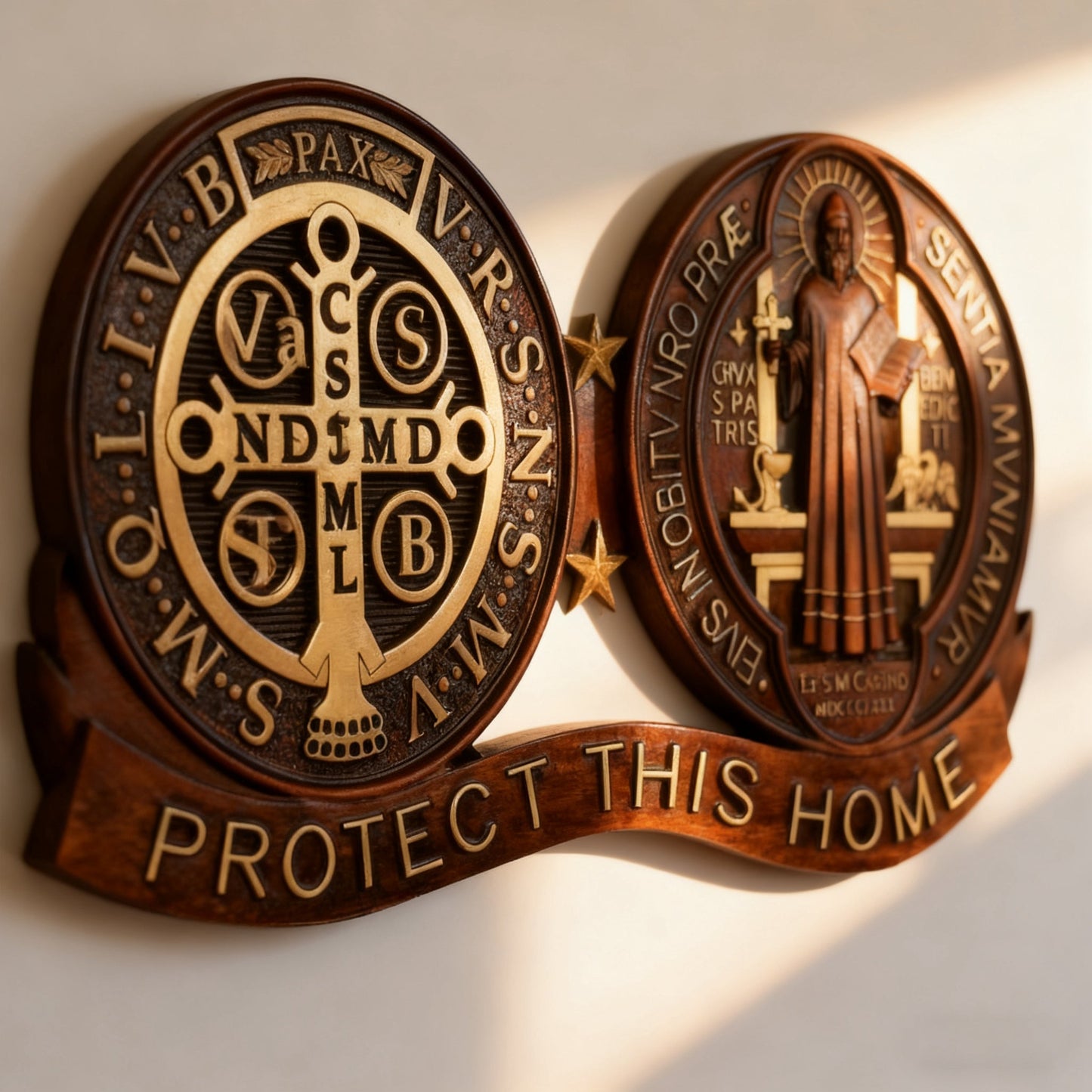 Close view of the hand-drawn gold finish on the St. Benedict medal