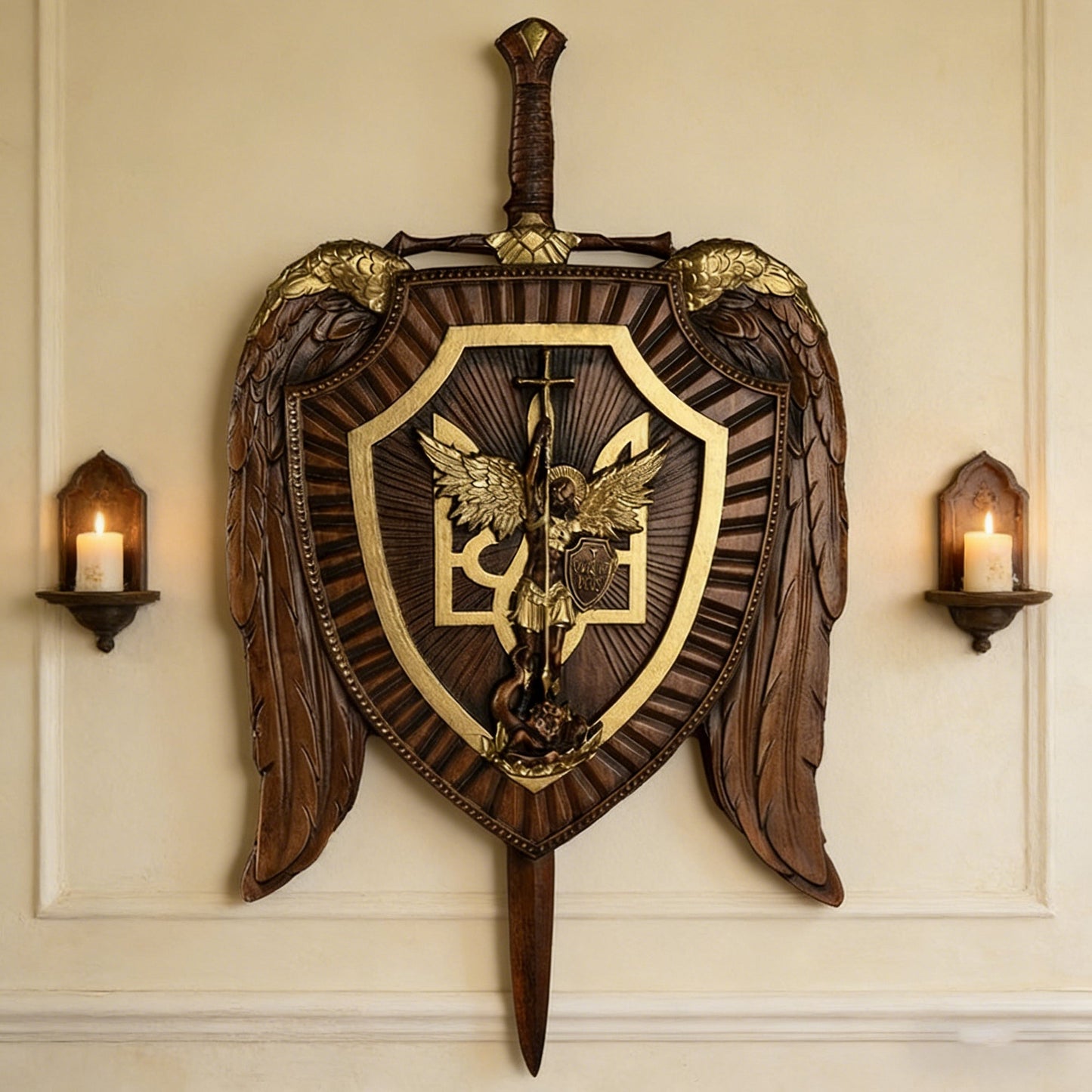Winged sword-and-shield carving on a wall between two sconces