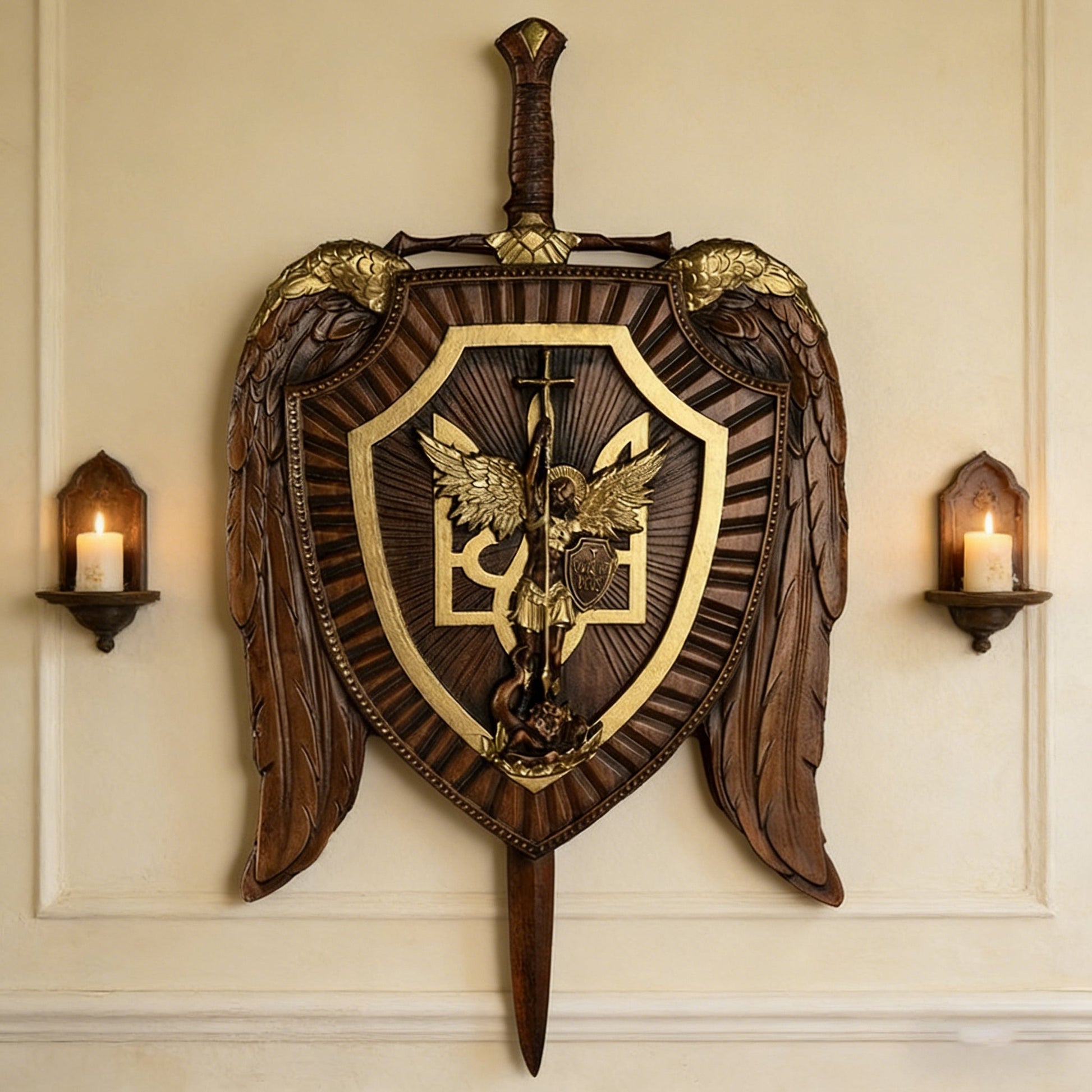 Winged sword-and-shield carving on a wall between two sconces