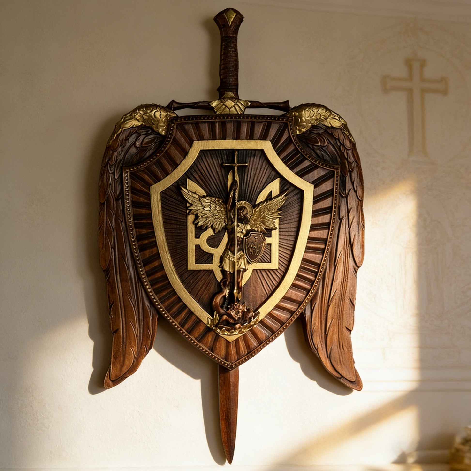 The sword and shield of St. Michael on a sunlit exterior wall