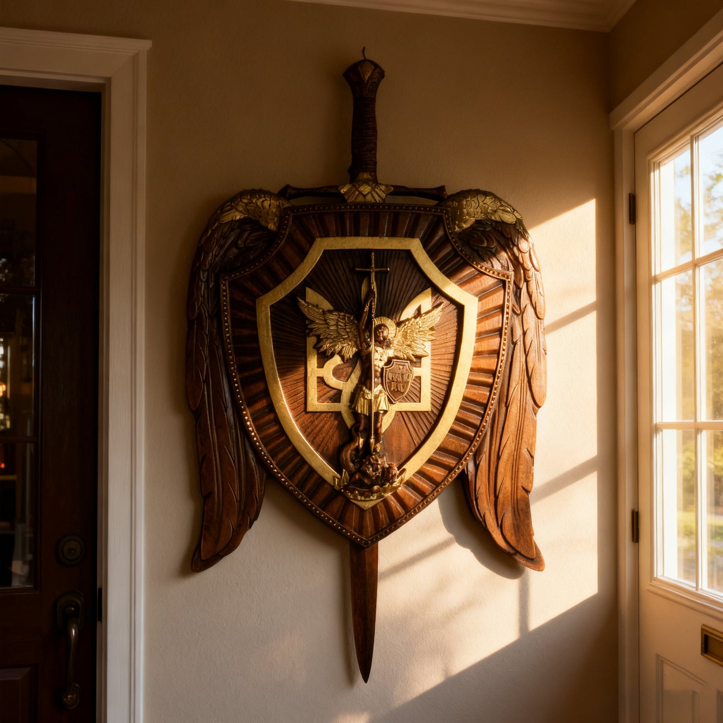 St. Michael shield carving beside a bright doorway