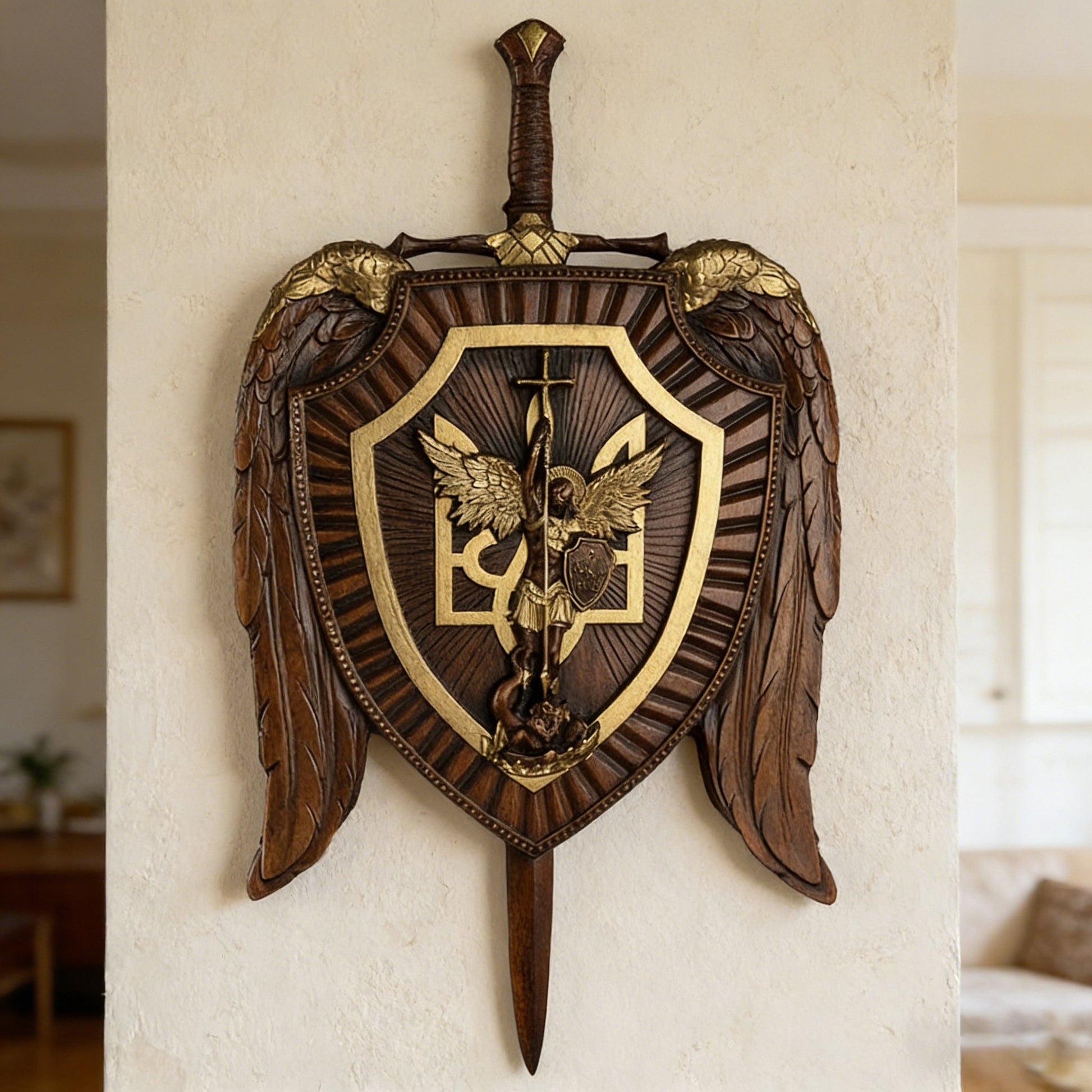 The winged shield on a wall with a cross shadow in afternoon light