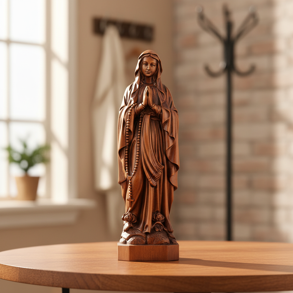 Our Lady of Lourdes statue on a table in a bright living room