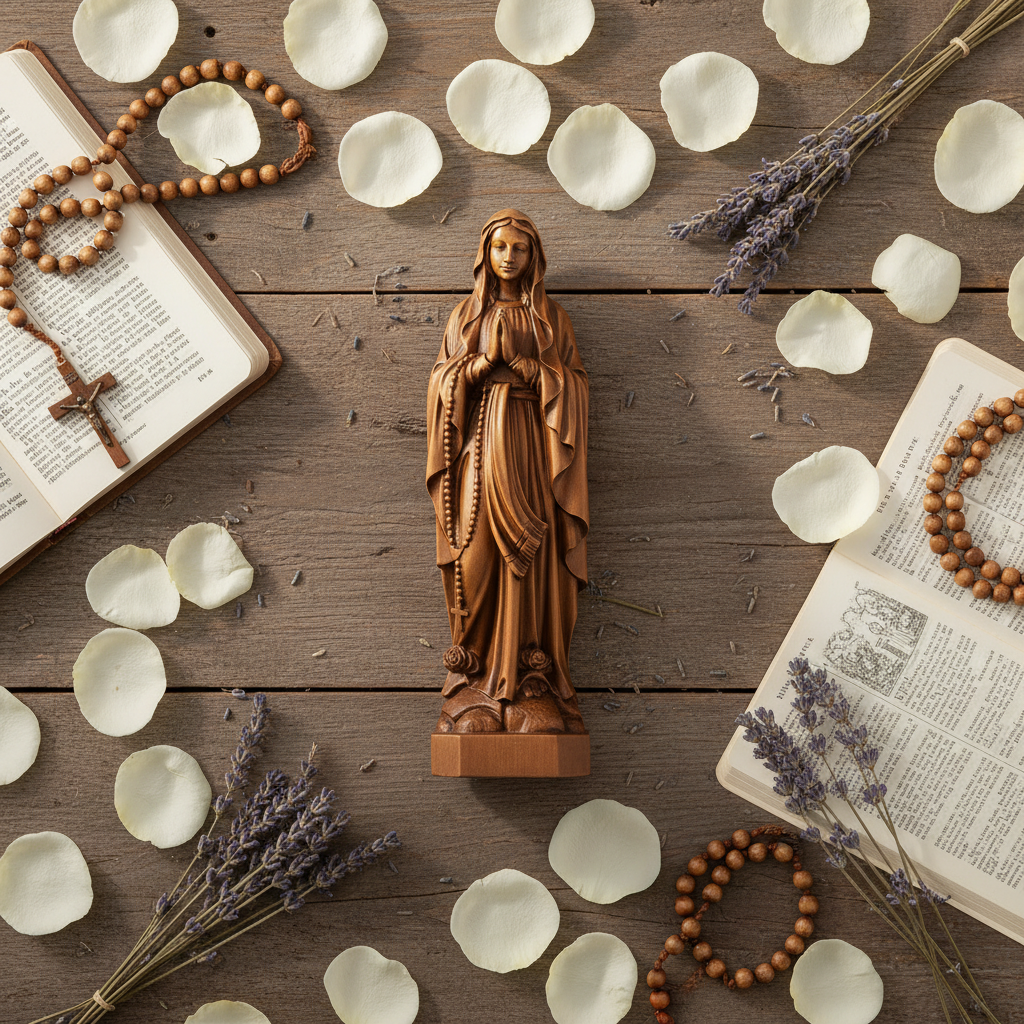 Our Lady of Lourdes carving lying among white petals and rosary beads