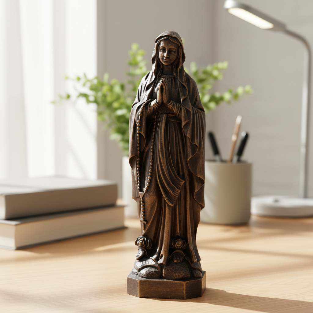 Our Lady of Lourdes statue on a desk beside a plant and books