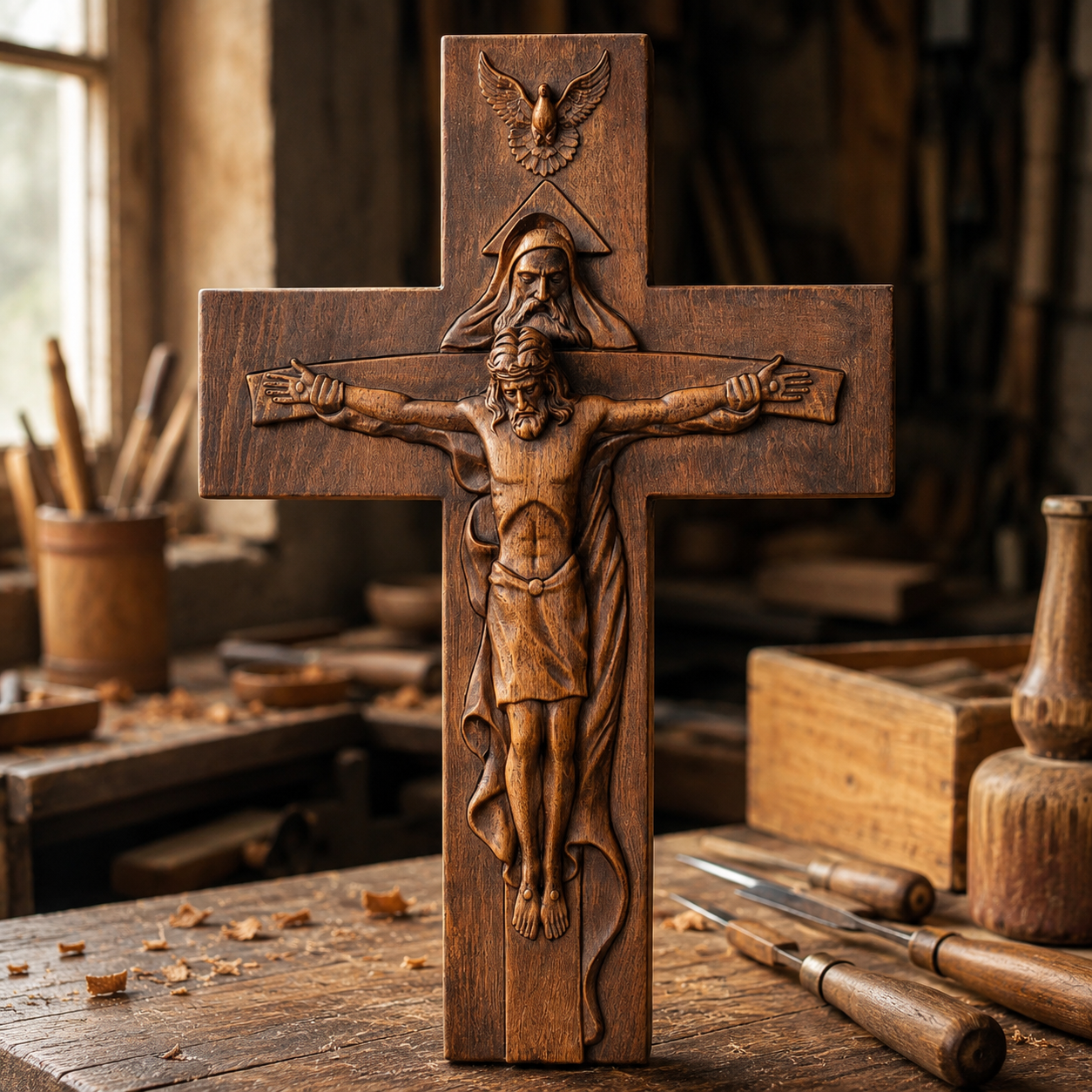 The Holy Trinity crucifix on the workshop bench among carving tools